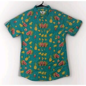 On The Byas Blue Tropical Fruits Short Sleeve Collar Shirt Bright Print Sz M